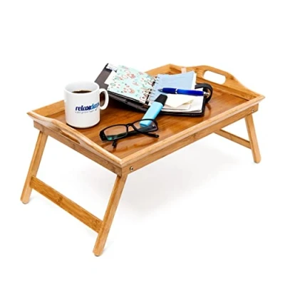 Image of Relaxdays Bamboo Folding Serving Tray, HxWxD: ca 25 x 52 33 cm, for Breakfast In Bed, with Handles and Foldable Legs, Natural Brown