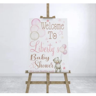 Image of Print A Party Personalised Baby Shower Banner Welcome Sign Board Poster Teddy Bear Balloons Theme Brown Neutral Blue or Pink (Rigid Board)