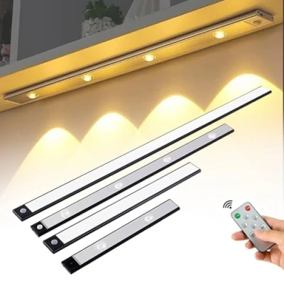 Image of LED Motion Sensor Cabinet Light, Under Kitchen Lights, Cupboard Light Indoor Magnetic Wireless USB 3 Color Temperature Stepless Dimming for Stairs Wardrobe Hallway(BlackA,20cm/7.
