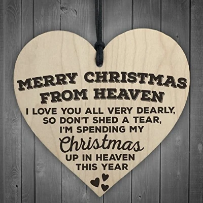 Image of RED OCEAN Merry Christmas From Heaven Wooden Hanging Heart Plaque Tree Decoration Sign