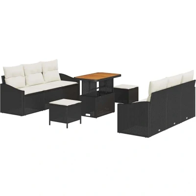 Image of vidaXL 9 Piece Garden Sofa Set with Cushions Black Poly Rattan Acacia