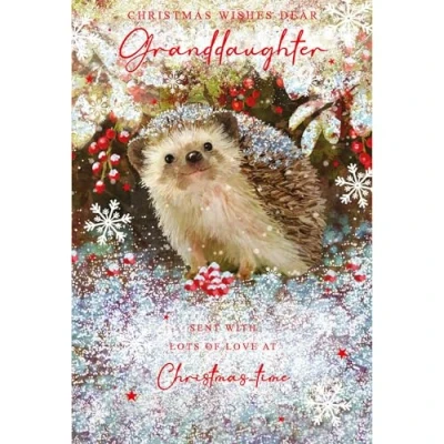 Image of Granddaughter Christmas Card Dear Snowy Hedgehog Artistic Festive Design Special Finish and Illustrated Insert Leaf Made in the UK Eco Friendly