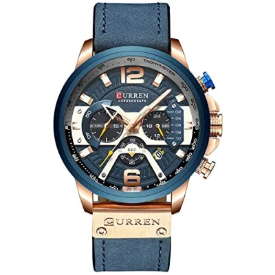 Image of Gosasa Men Sport Chronograph Quartz Watch Brown Leather Strap Date 30M Waterproof Military Male Wrist Watch, Blue Rose, Watch,Chronograph