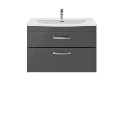Image of nuie Modern Bathroom Wall Hung 2 Soft Close Drawers Vanity Unit with Curved Ceramic Basin 30mm Profile, 800mm, Gloss Grey, Manufactured Wood