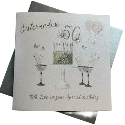 Image of Happy 50th Birthday Card Sister in Law Champagne Glasses Pink Roses by White Cotton Cards SS42 SIL50,16cm x 16cm