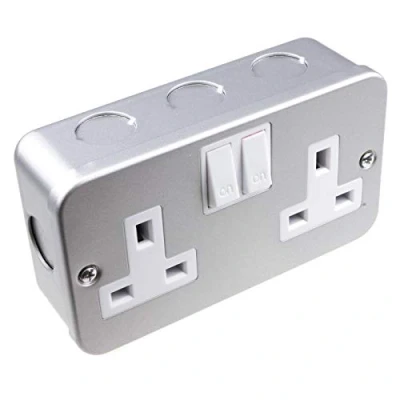 Image of kenable Double Gang Metal Clad Steel UK Mains Power Socket with Cable Entry Points [Double Power]
