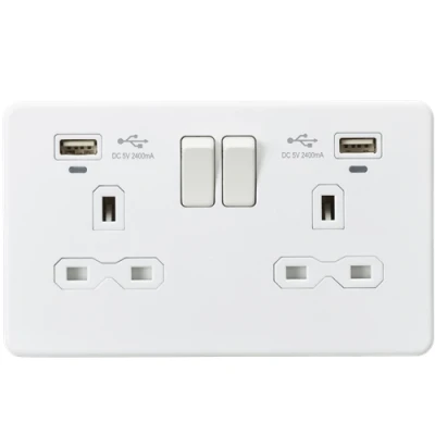 Image of KnightsBridge 13A 2G Switched Socket, Dual USB (2.4A) with LED Charge Indicators Matt White