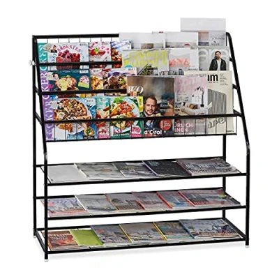 Image of Relaxdays XL Magazine Rack H 96 x D 97 37 cm Metal Standing for Living Room Black 1 Piece