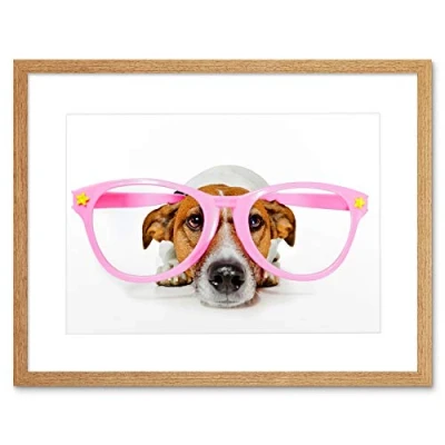 Image of Wee Blue Coo Jack Russell Dog Comedy Pink Glasse Picture Framed Wall Art Print