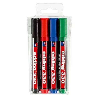 Image of edding 330 permanent marker black, red, blue, green set of 4 chisel nib 1 5 mm waterproof, quick drying, smear proof pens for cardboard, plastic, glass, wood, metal and fabric