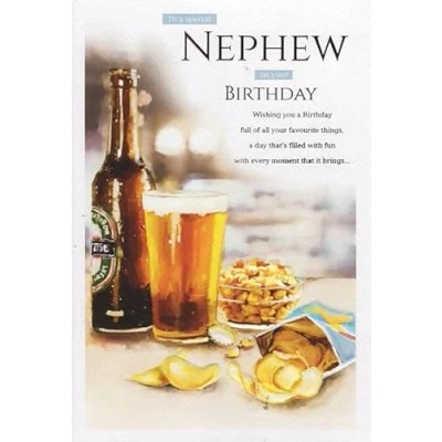 Image of ICG Special Nephew Birthday Card Pint of Beer and Pub Snacks Embossed with Foil Details