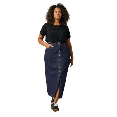 Image of EVANS Curve Blue Button Through Denim Maxi Skirt Women&#039;s Plus Size