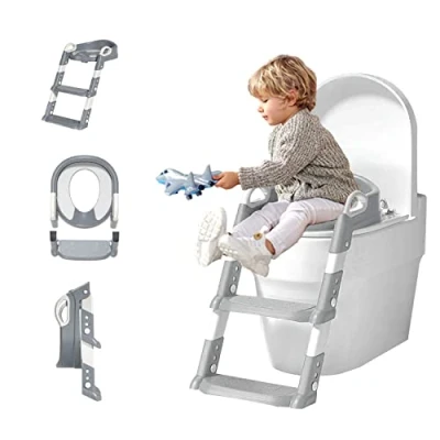 Image of Toddlers Potty Training Toilet Seat with Step Stool Ladder for Kids Foldable Anti Splash Guard Soft Cushion Handle Baby Boys Assistant Ring Handles and Backrest (Toilet Ladder)