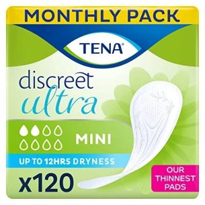 Image of TENA Discreet Ultra Mini, Individually Wrapped, Women with Light to Medium Bladder Weakness, Incontinence and Unpredictable Drips, 120 Count (Pack of 1)