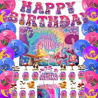 Image of Mushroom Birthday Party Supplies Decorations Includes Happy Backdrop, Banner, Cake Topper, Cupcake Toppers, Balloons for Baby Shower