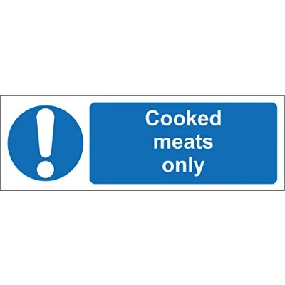 Image of Cooked meats only kitchen catering safety sign Self adhesive sticker 200mm x 66mm