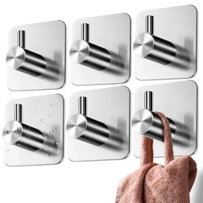 Image of 4smile Self Adhesive Hooks 6 pcs Strong Sticky for Hanging Towels Stick on Stainless Steel, Bathroom Towel Hooks, Tea