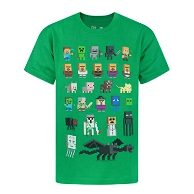 Image of Minecraft T Shirt for Boys Kids Sprites Green Characters Short Sleeve Game Top Gamer Merchandise 13 14 Years