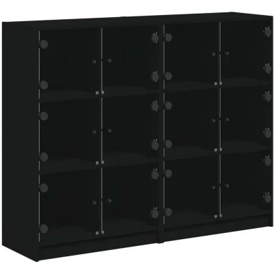 Image of vidaXL Black Engineered Wood Bookcase with Glass Doors Modern Highboard Bookshelf Cabinet Ideal for Living Room, Office Storage