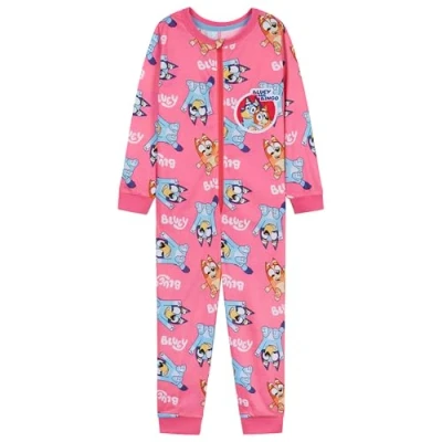 Image of Bluey Girls Jersey Onesie with Cuffed Sleeves and Ankles, Cosy Loungewear Gifts for (Pink, 5 6 Years)