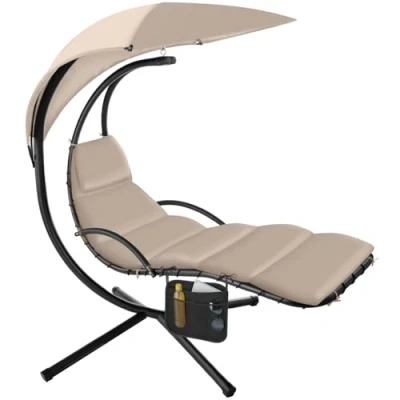 Image of tectake® Hanging Garden Chair with UV Protected Sun Canopy, Headrest &amp; Steel Frame, Padded Swing Non Slip Caps Pocket Ergonomic Hammock Stand for Patio, Balcony Beige