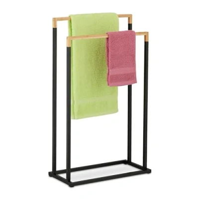 Image of Relaxdays Towel Rail, 2 Staggered Bars, Airer, Dryer, HWD: 76 x 45 21.5 cm, Bathroom Stand, Bamboo, Natural/Black, Iron
