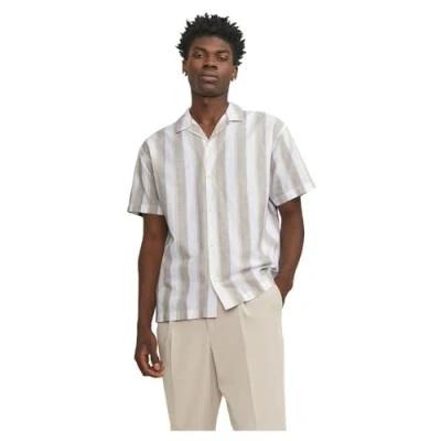Image of JACK &amp; JONES Men&#039;s Jprccsummer Stripe Resort Shirt S/S Short Sleeved, Timber Wolf/Fit: Relax fit, L