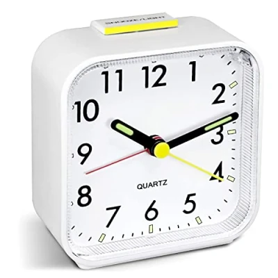 Image of Battery Powered Alarm Clock Bedside Non Ticking Silent Desk Little Small Simple Table Analogue Clocks Snooze Light for Bedrooms Office Outdoors Heavy Sleepers Travel Boys Girls (White)
