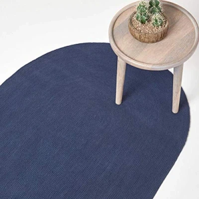 Image of HOMESCAPES Navy Blue Handmade Braided Oval Rug For Bedroom &amp; Living Room Reversible Woven Cotton Rug, 90 x 150 cm