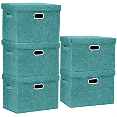 Image of TYEERS Large Storage Box with Lid, Collapsible, Washable, Fabric for Clothes, Wardrobe Storage, 44x30x29 cm, Set of 5, Aqua Deep