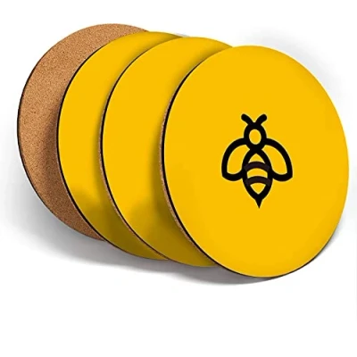 Image of Sawfish® Coasters (Set of 4) Round Yellow Bumble Bee Insect Bees Drink Glossy Coasters/Tabletop Protection for Any Table Type
