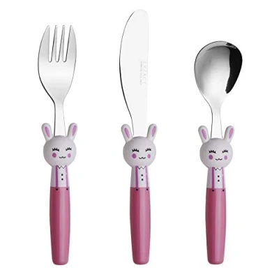 Image of EXZACT Children&#039;s Cutlery Stainless Steel 3pcs Set/Kids Cutlery/Toddler Utensils/Flatware 1 x Fork, Safe Dinner Knife, Spoon (Rabbit 3)