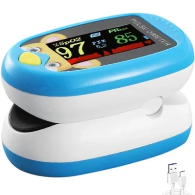 Image of Pediatric Pulse Oximeter Blood Oxygen Saturation Monitoring CE FCC Approved Heart Rate Stats Detector NHS Children Finger Kids SpO2 Levels Monitor TFT Lanyard &amp; USB (Blue Oximeter)
