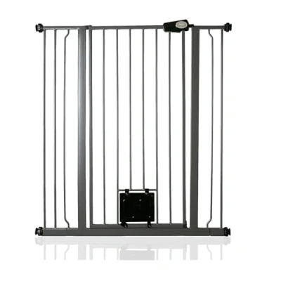 Image of Bettacare Pet Gate with Lockable Cat Flap, 94.3cm 101.9cm, Slate Grey, 104cm in Height, Extra Tall Dog Safety Barrier Easy Installation