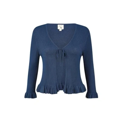 Image of Yumi Womens Navy Tie Up Ribbed Cardigan With Frill Hem viscose Size Small