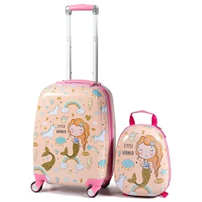Image of GYMAX 2Pc Kids Luggage Set, 12&quot; &amp; 16&quot;/18&quot; Children Hand Trolley Case with 4 Spinner Wheels, Carry On Suitcase for Boys Girls Travel School (12&quot; 18&quot;, Pink)