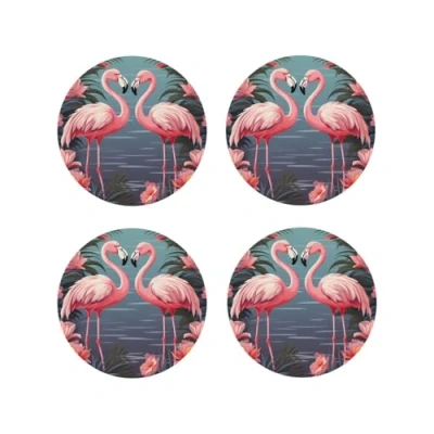 Image of Flock of Tropical Flamingos Coasters for Drinks Set 4 Non Slip Leather Coaster Heat Resistant Drink Tabletop Protection Absorbent Cup Mat Coffee Table Decor, Round Shape
