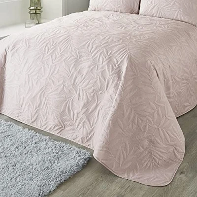 Image of Serene Blush Pink Leaf Embossed Bedspread (230cm X 200cm) Soft Touch Microfibre Leaf/Leaves Embroidery Quilted Bedspreads Floral Blanket/Bed Cover for Bed Luana Collection