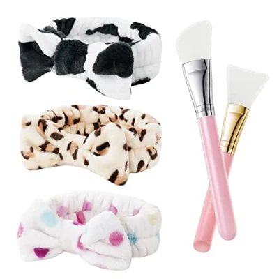 Image of URAQT Spa Headbands for Women, 3 Pack Fluffy Headband Washing Face, Elastic Bowknot Hair Bands with 2 Pcs Mask Brushes, Coral Fleece Women &amp; Girls&#039; Head Band Makeup, Shower, Sports
