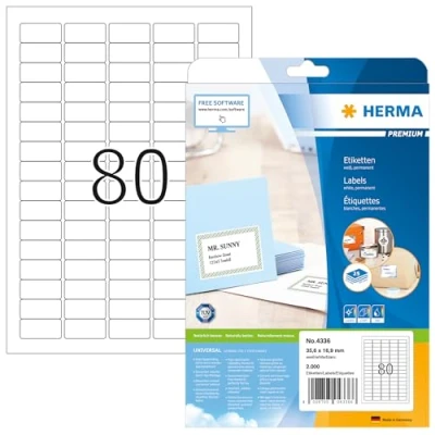 Image of HERMA Self Adhesive Multipurpose Labels, 80 Labels per A4 Sheet, 25 Sheets, 35.6 x 16.9 mm, 2000 Blank Universal Stickers, Sticky for Laser &amp; Inkjet Printer, White