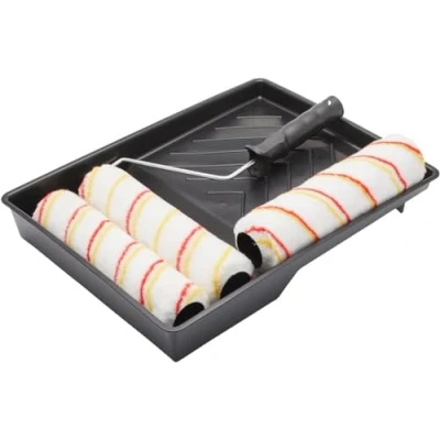 Image of Fit for The Job 5 piece 9 inch Triple Paint Roller Set DIY Painting with Emulsion Paints on Walls &amp; Ceilings Medium Pile Sleeves Smooth Semi Surfaces, Frame Tray, 9&quot;