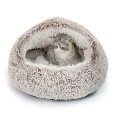 Image of CATISM Cat Bed for Indoor Large Cave Dog Washable Non Slip Cats Igloo Pod Windproof Fluffy Nesting Pets(Coffee, L)