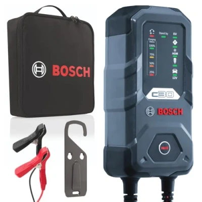 Image of Bosch C30 Car Battery Charger, 3.8 Amps, with Trickle Function For 6V/12V Lead acid, WET, EFB, GEL, AGM and Open VRLA Batteries, Comes a UK Style Plug