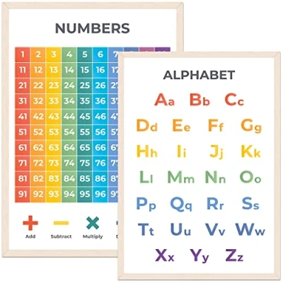 Image of Wonder Tots Alphabet Poster &amp; Numbers 1 100 Wall Chart, ABC for Kids, Educational Learning Posters Children Toddlers, Home Schooling, Nursery Decor (2 Pack, A3 Laminated)