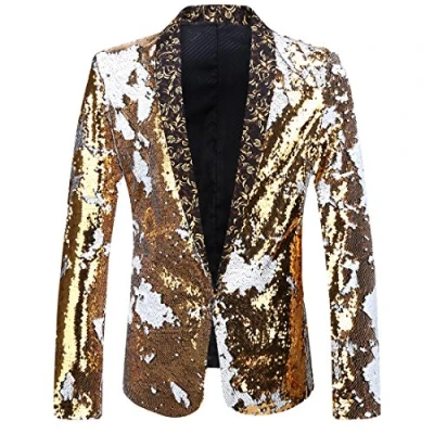 Image of PYJTRL Men Stylish Two Color Conversion Shiny Sequins Blazer Suit Jacket (Gold + White, M)