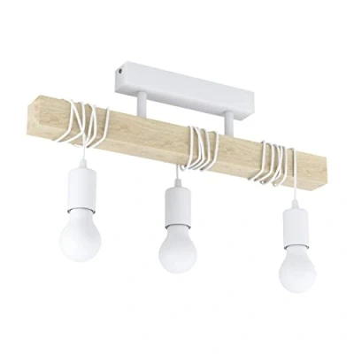 Image of Eglo Ceiling Lamp Townshend, 3 Bulbs Vintage Light in Industrial Design, Retro Pendant Made of Steel and Wood, Colour: White, Brown, Socket: E27