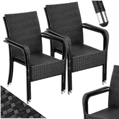 Image of TecTake® Set of 4 Garden Chairs in UV &amp; Weather Resistant Polyrattan, Stackable Rattan Chair with Steel Frame, High Backrest Wide Armrests, Ideal Patio, Balcony Furniture Black