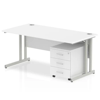 Image of Impulse 1800x800mm Desk White Top Silver Cantilever Leg + Mobile Ped