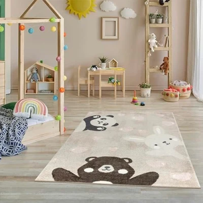 Image of Jimri Rug for children&#039;s room, room rug, girl&#039;s bear, panda, dot, heart, balloon, light pink, 80 x 150 cm
