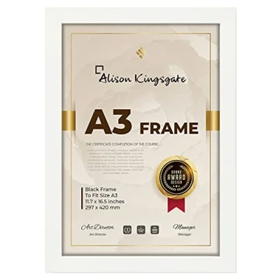 Image of Alison Kingsgate White A3 Frame in Size 30x42cm with Clear Perspex Sheet &amp; Wall Mounted Hook Use for Picture Frames Photo Poster (A3, White)